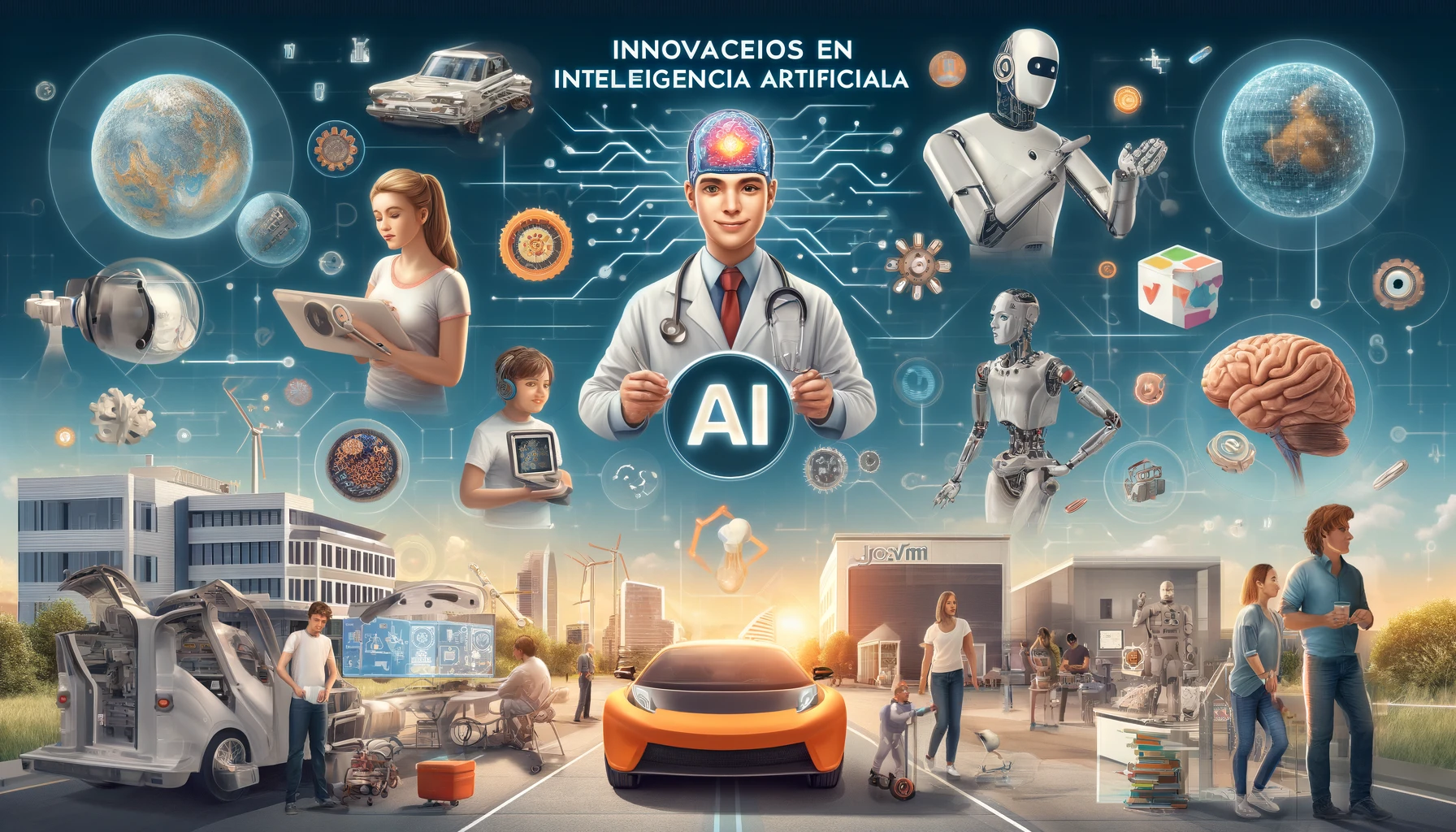 Escenas de tendencias de inteligencia artificial en salud, automatización, vehículos autónomos, hogares inteligentes y educación personalizada. Josvim innovaciones en Inteligencia Artificial.
