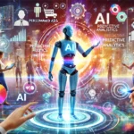 Ilustración de la inteligencia artificial en marketing, mostrando un robot interactuando con datos holográficos, rodeado de elementos modernos y tradicionales de marketing.