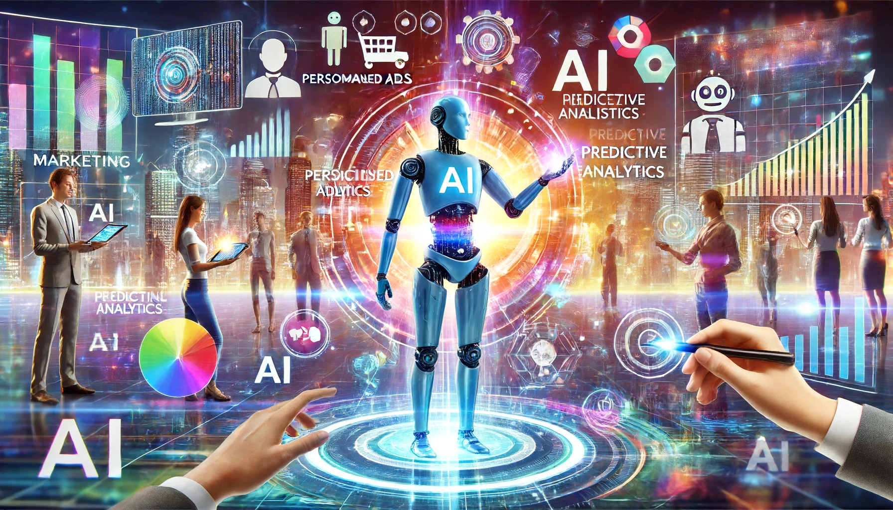 Ilustración de la inteligencia artificial en marketing, mostrando un robot interactuando con datos holográficos, rodeado de elementos modernos y tradicionales de marketing.