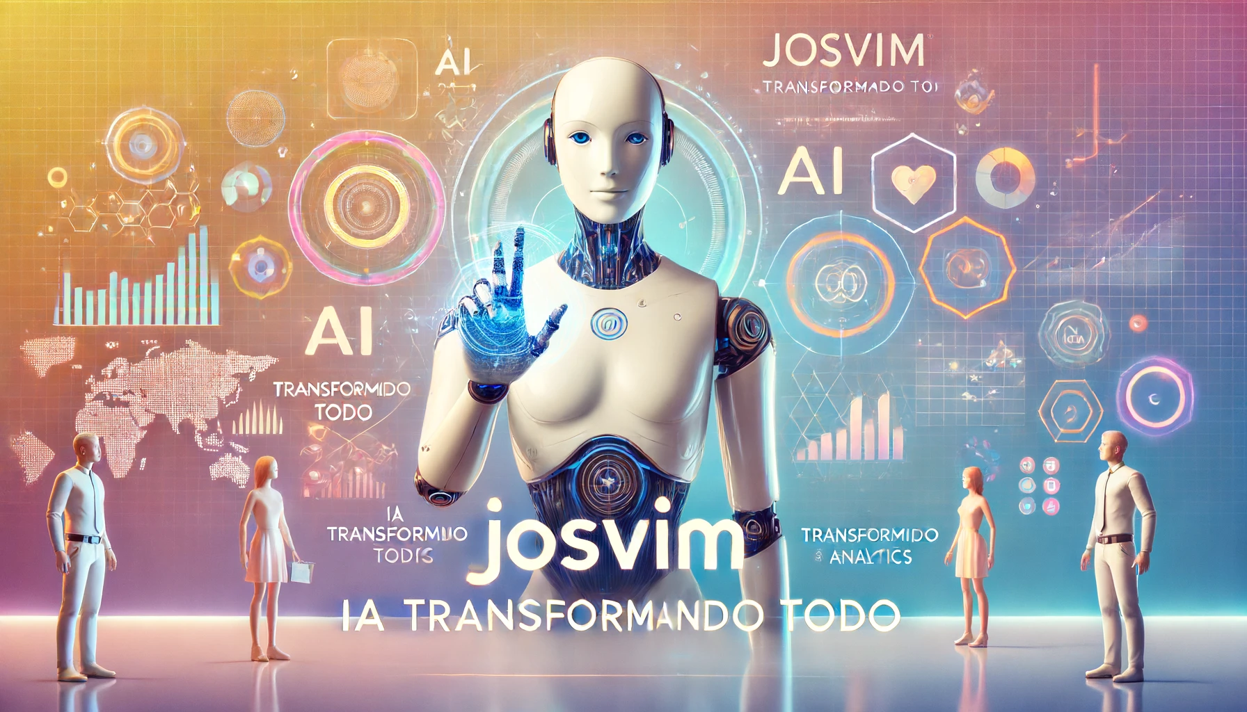 Ilustración dinámica que muestra la transformación del marketing a través de la IA, con un robot interactuando con datos holográficos.