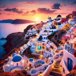 Mejores Lugares más asombrosos para viajar. Vista de la belleza romántica de Santorini en Grecia.