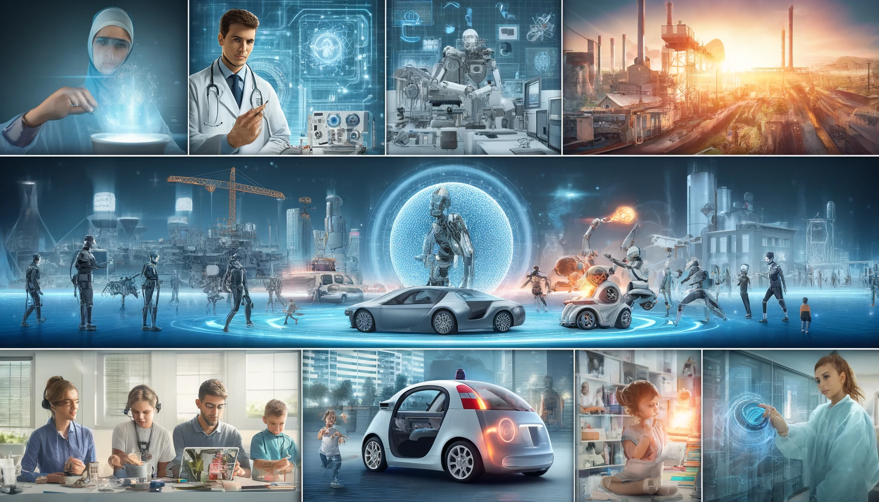 Representación de tendencias en inteligencia artificial con escenas de salud, automatización, vehículos autónomos, domótica y educación personalizada. Incluye a nombre Josvim, junto con la frase Innovaciones en Inteligencia Artificial.