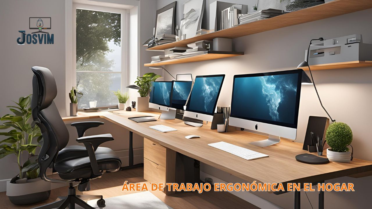 Área de trabajo ergonómica en el hogar. Imagen de una oficina cómoda ordenada con buena iluminación.