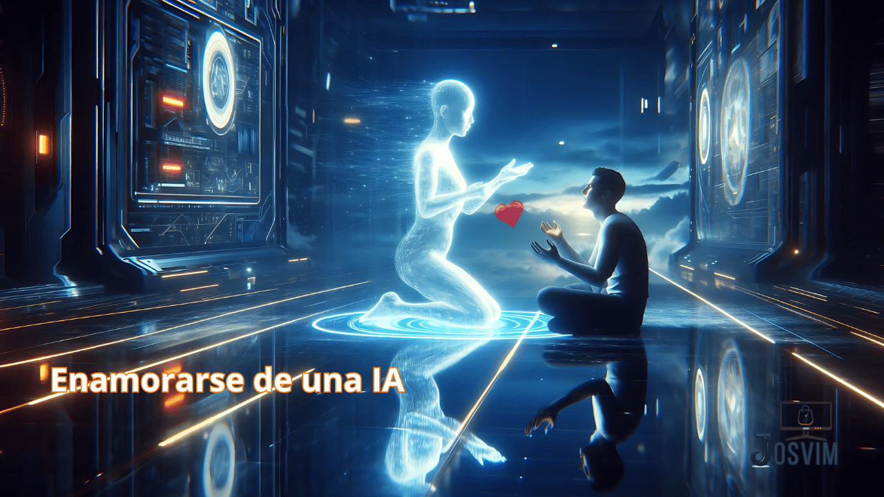 Figura humana interactuando hasta enamorarse de una IA en un entorno futurista