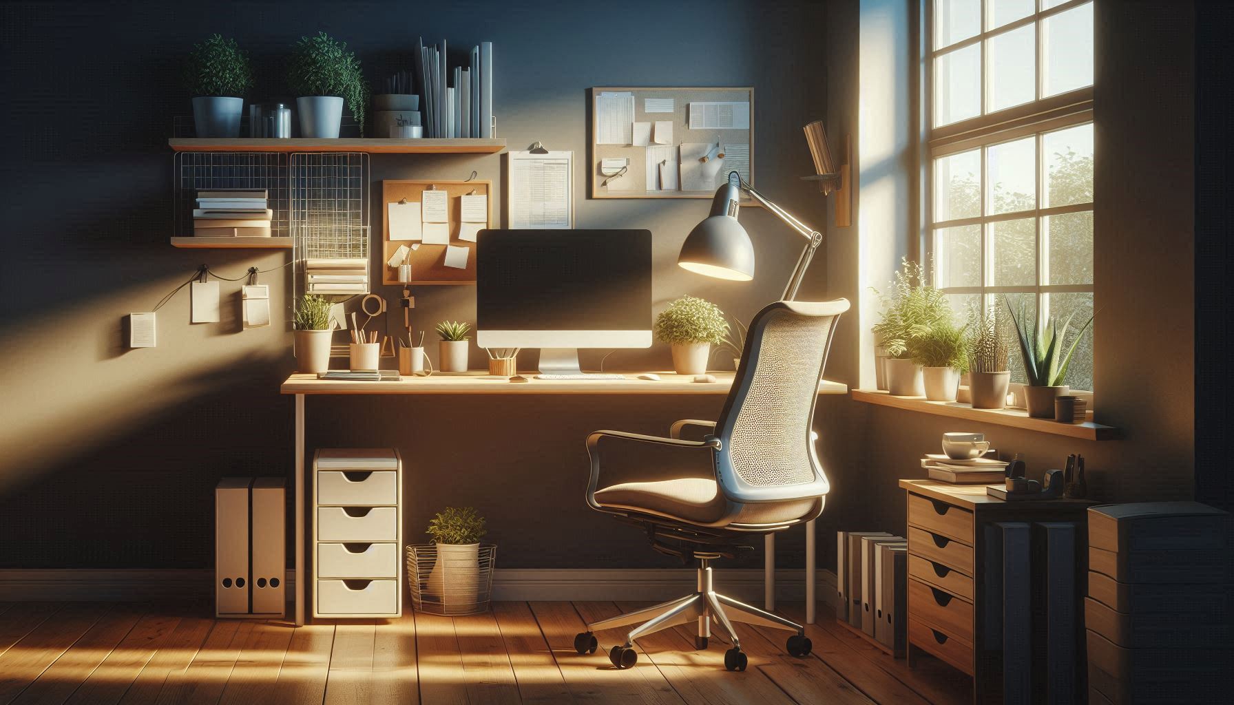 Espacio de trabajo productivo y ergonómico en casa. Imagen de un escritorio de oficina organizado con iluminación natural y artificial adecuada.