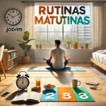 Rutinas matutinas representadas con meditación, desayuno saludable y planificación, acompañadas del logo de Josvim.