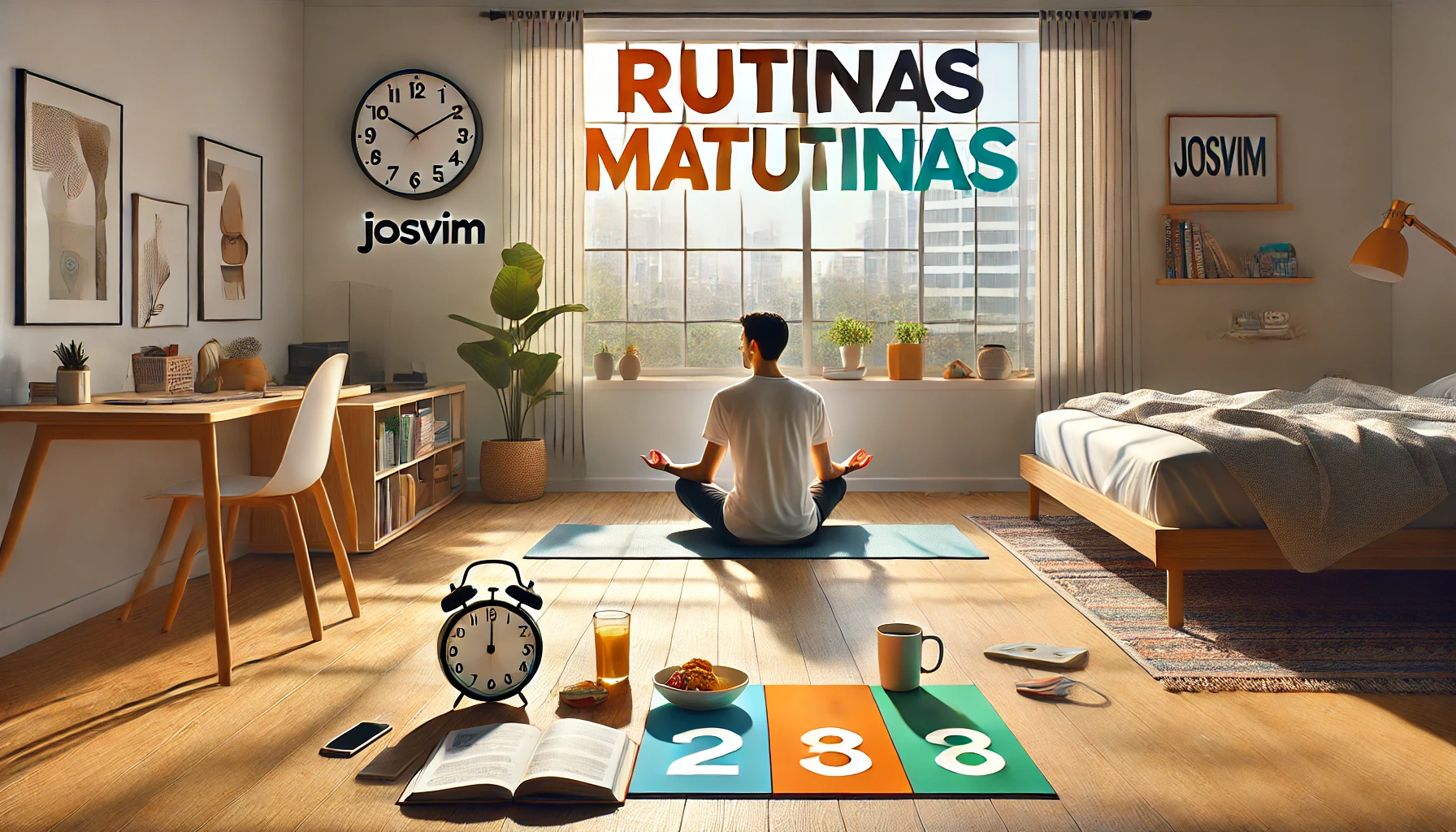 Rutinas matutinas representadas con meditación, desayuno saludable y planificación, acompañadas del logo de Josvim.