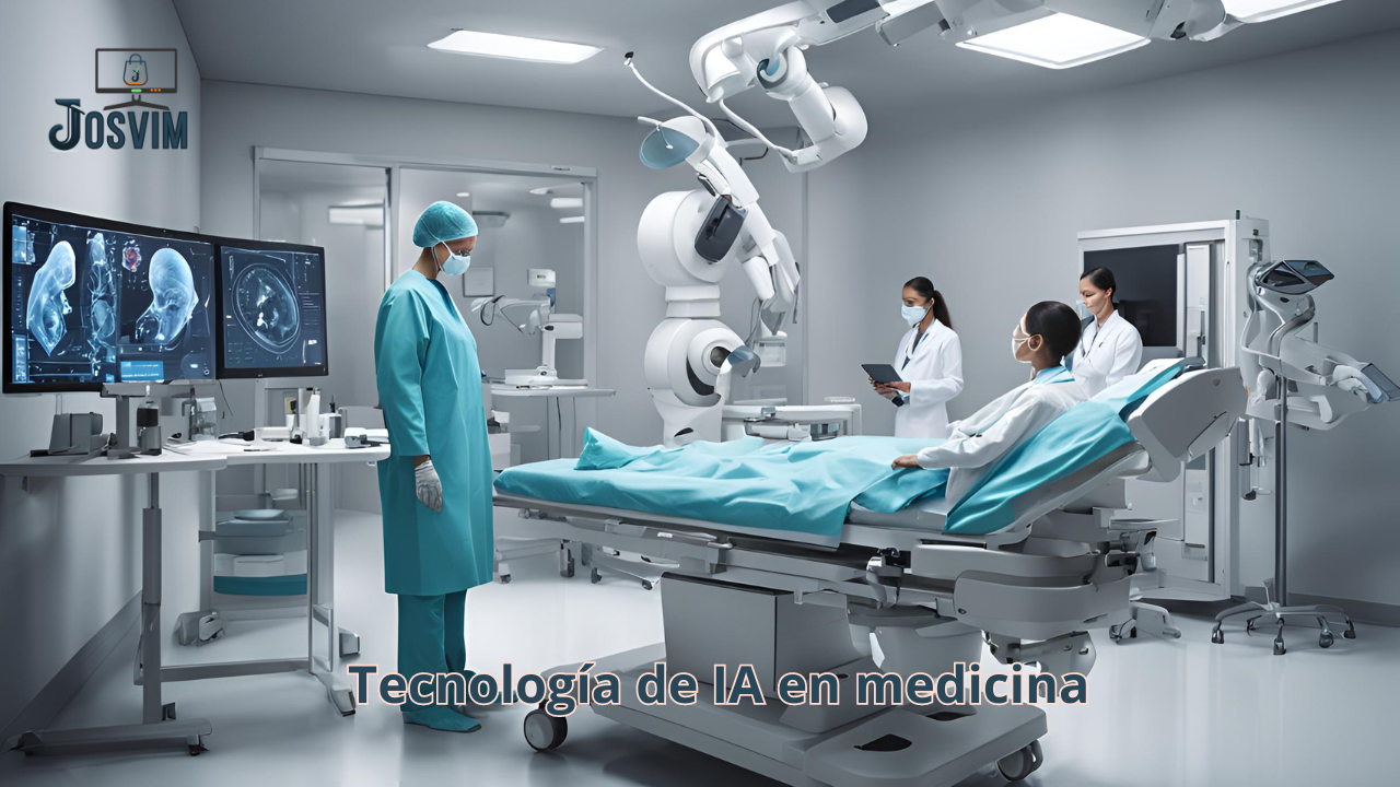 Representación de la tecnología de IA en medicina, incluyendo diagnóstico con tablet, brazo robótico en cirugía y monitoreo con dispositivos portátiles.