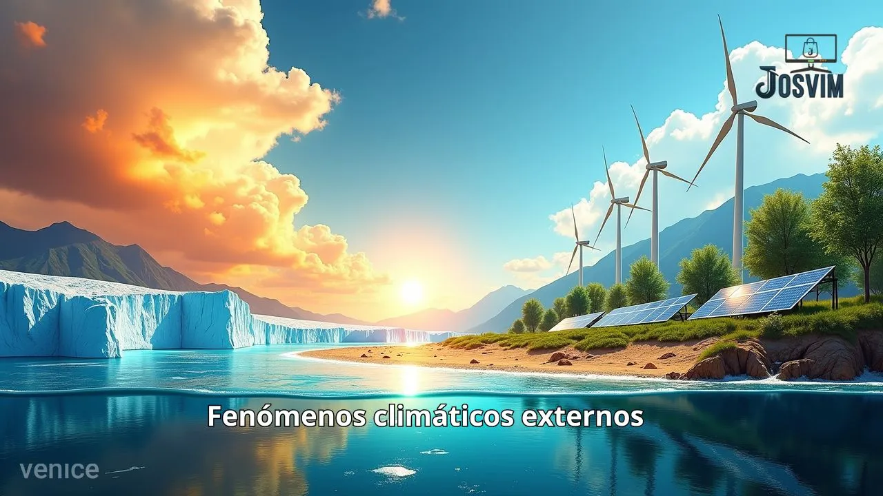 Impacto del aumento de la temperatura global con deshielo, ciudades costeras en peligro, paisajes secos, reforestación y energías renovables, destacando productos sostenibles.